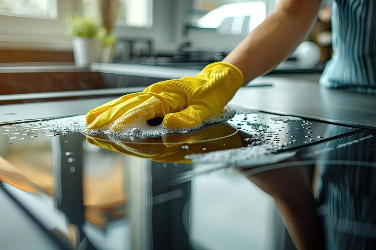 A gloved hand wiping a glossy surface clean