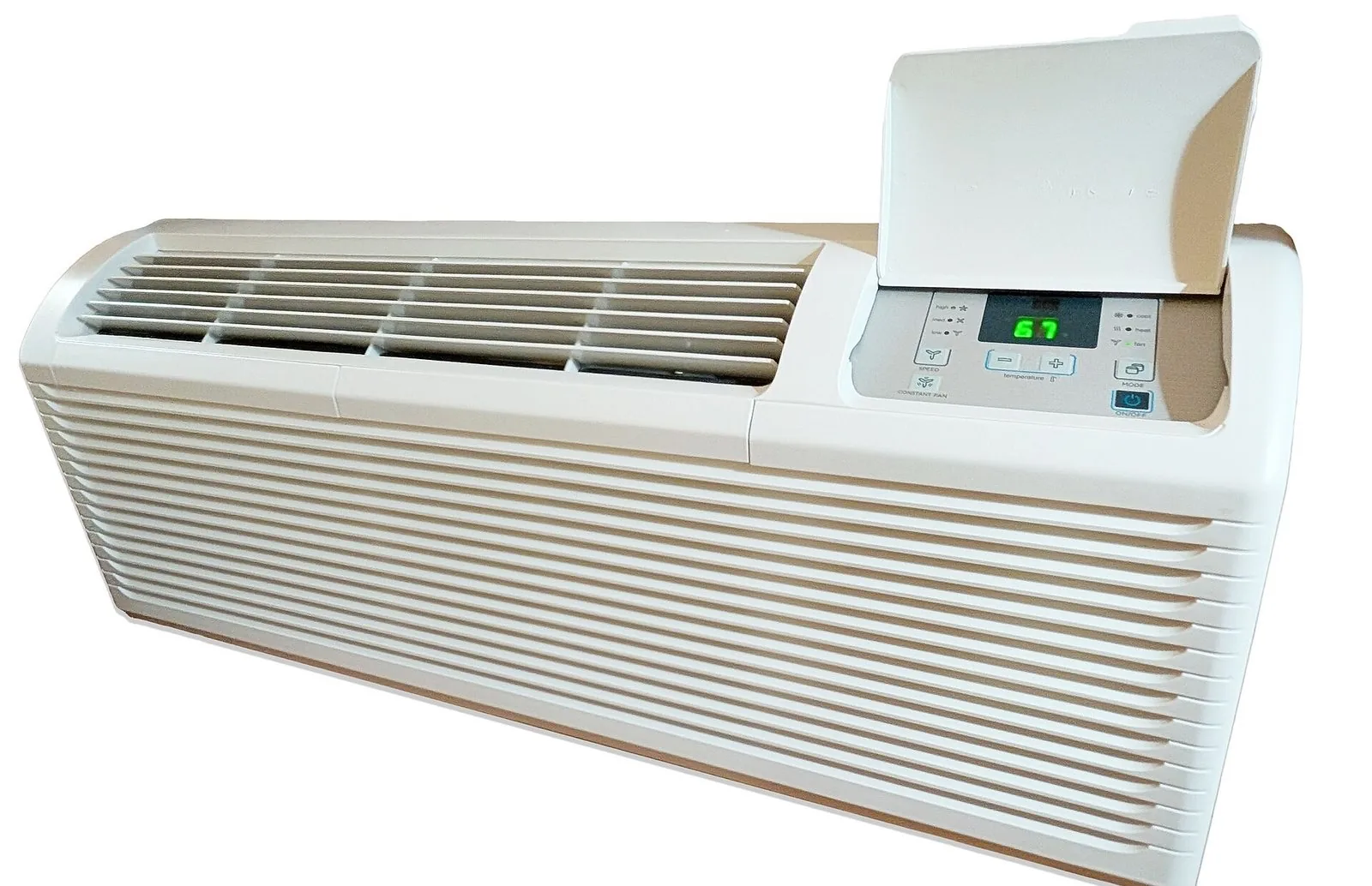 A through-wall air conditioner with its control panel cover lifted
